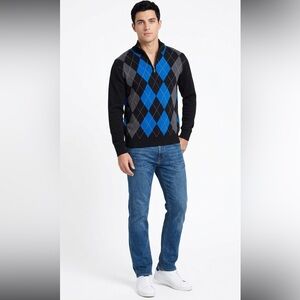 PARK SLOPE Men's long sleeved Argyle Sweater in Blue Gray/Black Size Small